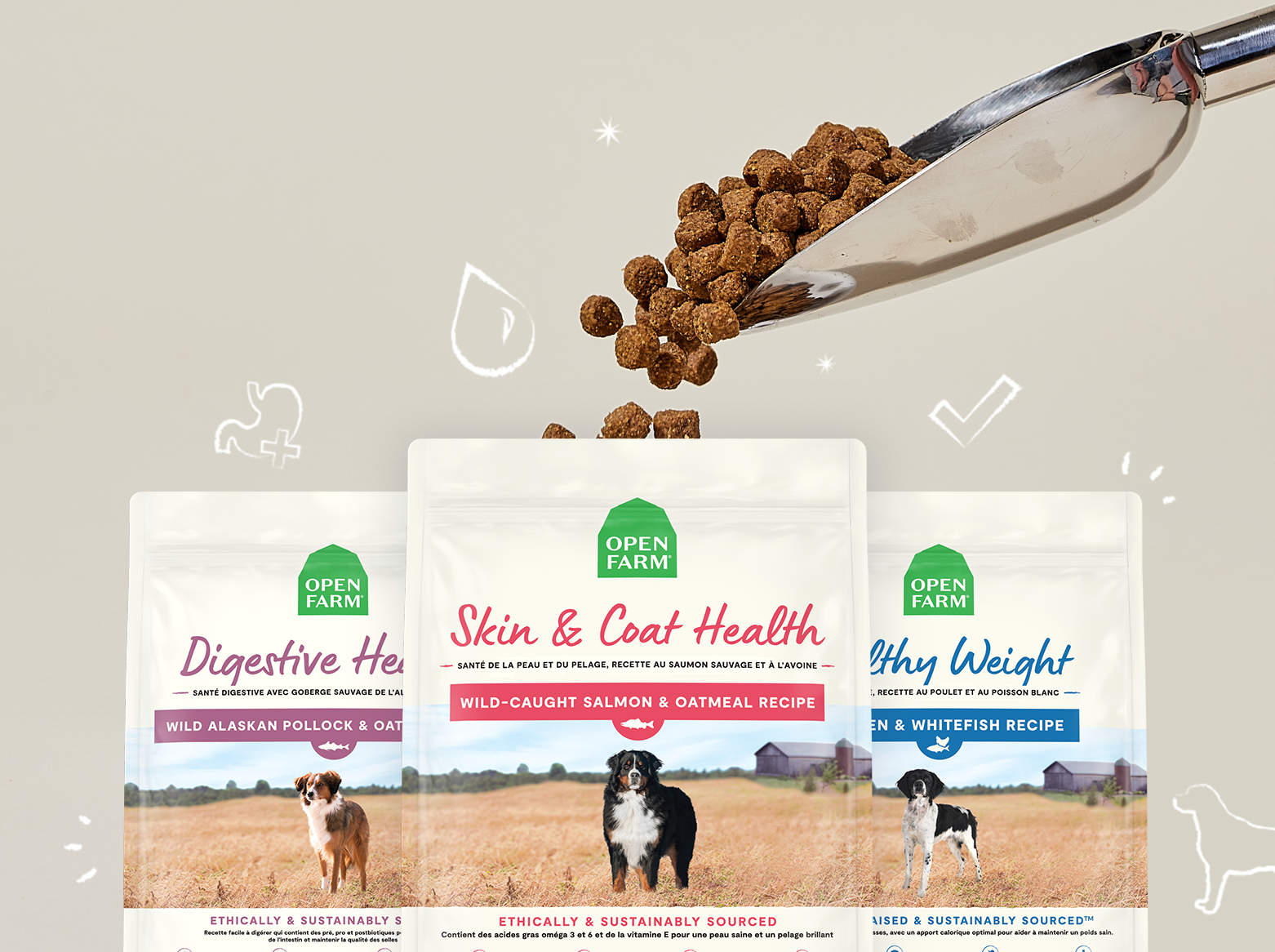 Metal Scoop pouring kibble over top of 3 bags of pet food